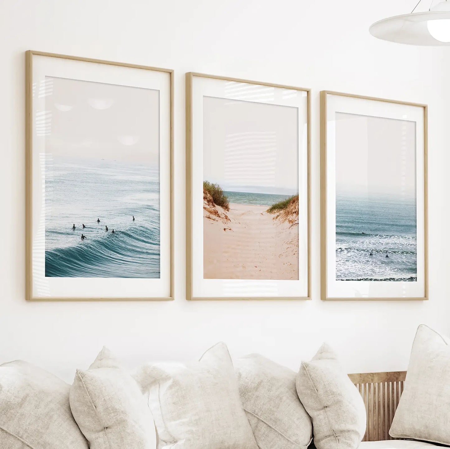 Modern Beach Set of 3 Posters. Sandy Beach, Waves, Surfers