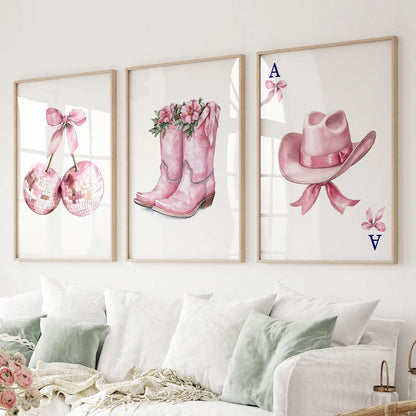 Cowgirl Hat and Boots Wall Art Pink Poster Set