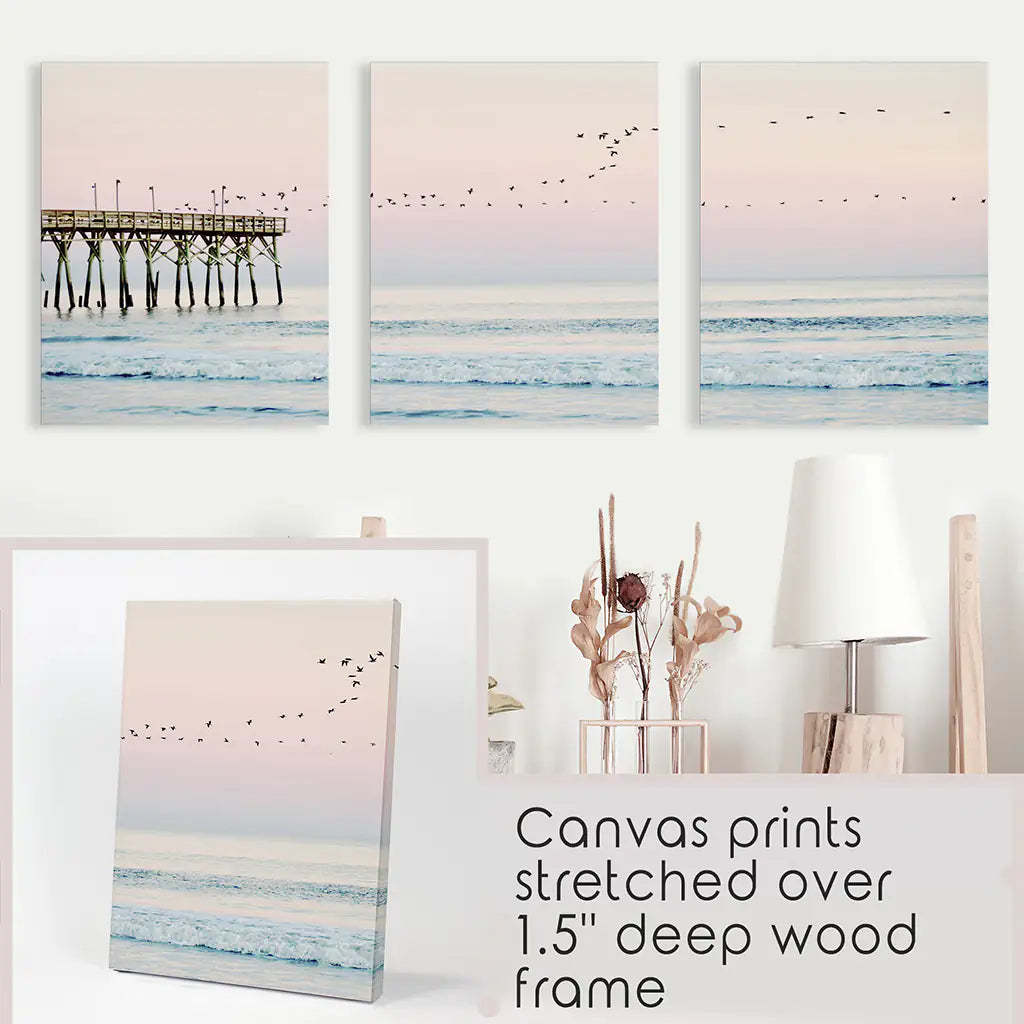 Pink Ocean Sunset Triptych. Wooden Pier, Waves, Seagulls