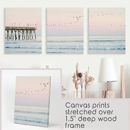 Pink Ocean Sunset Triptych. Wooden Pier, Waves, Seagulls