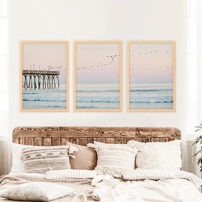 Pink Ocean Sunset Triptych. Wooden Pier, Waves, Seagulls