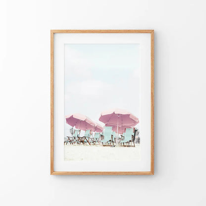 Pink Umbrella Wall Art Print. Summer Beach Theme