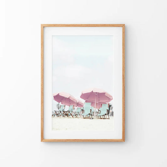 Pink Umbrella Wall Art Print. Summer Beach Theme