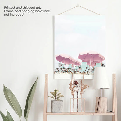 Pink Umbrella Wall Art Print. Summer Beach Theme