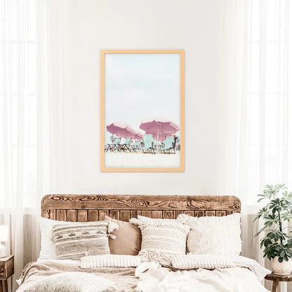 Pink Umbrella Wall Art Print. Summer Beach Theme
