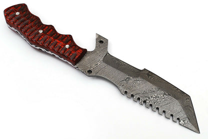 Custom Handcrafted Damascus Steel Tanto Tracker Knife - 11.5" Exotic Color Wood Handle with Horizontal Leather Sheath | Survival, Camping, Tactical | KBS Knives