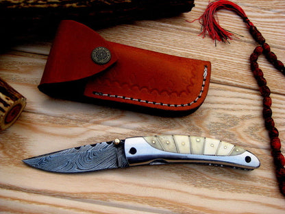 Everyday Carry Damascus Steel Pocket Knife - Bone and Steel Elegance
