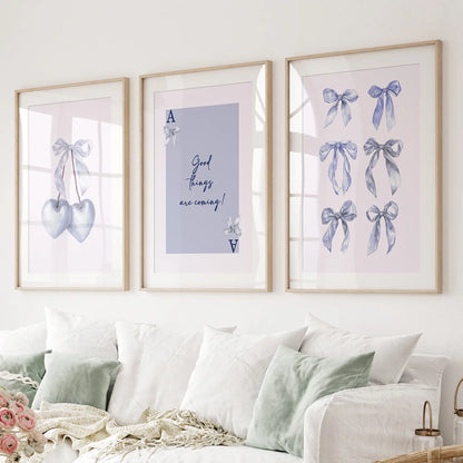 Trendy Blue Bows Preppy Poster Girly Decor Art Set