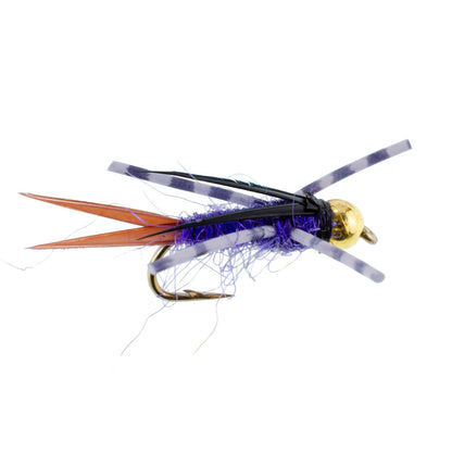 Bead Head Purple Batman Rubber Legs Nymph Fly - 12 Flies Hook Size 14