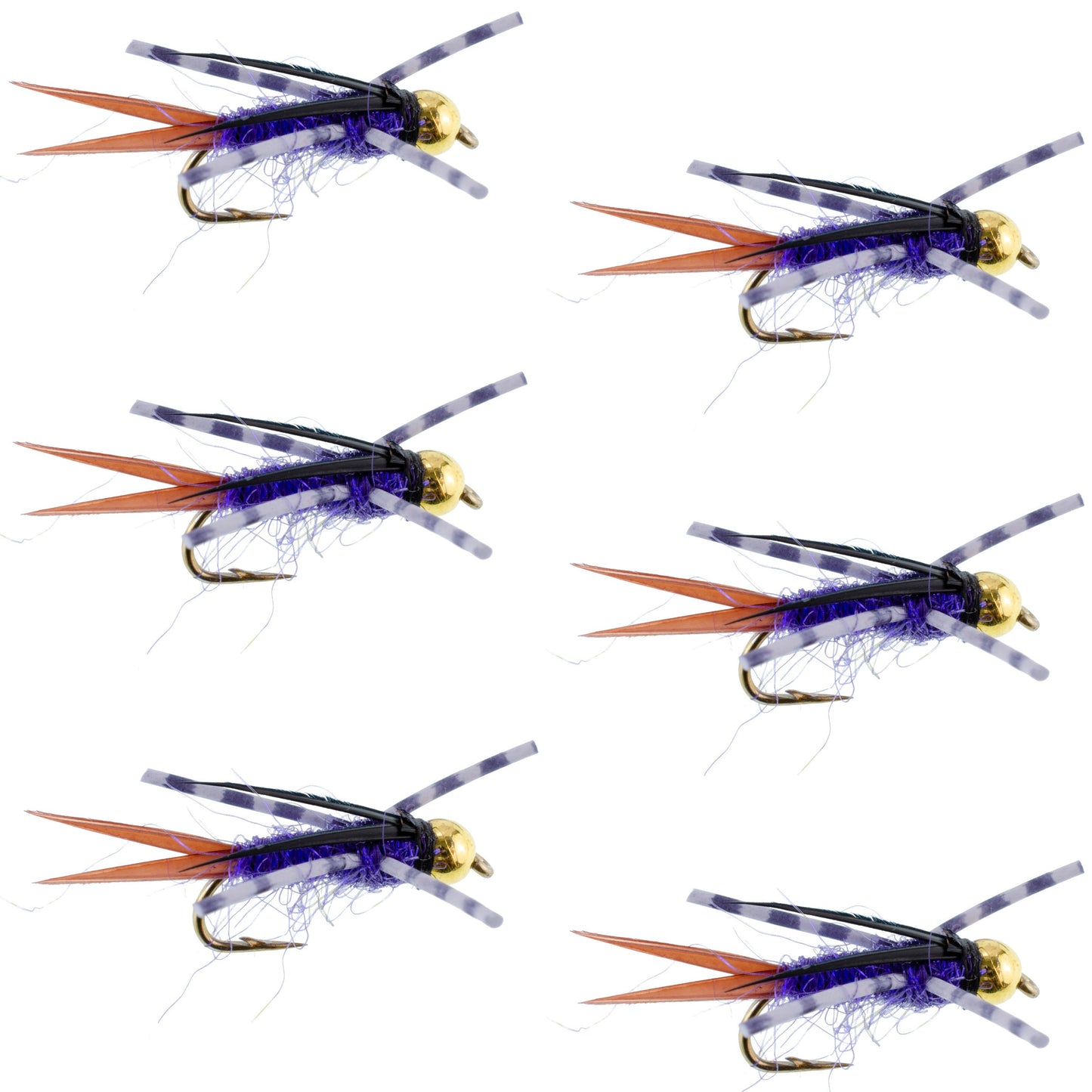 Bead Head Purple Batman Rubber Legs Nymph Fly - 6 Flies Hook Size 14