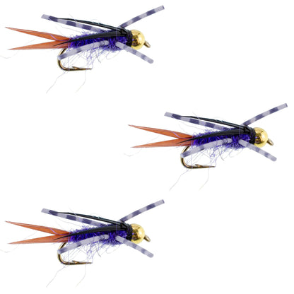 3 Pack Bead Head Purple Batman Rubber Legs Nymph Fly - Hook Size 12