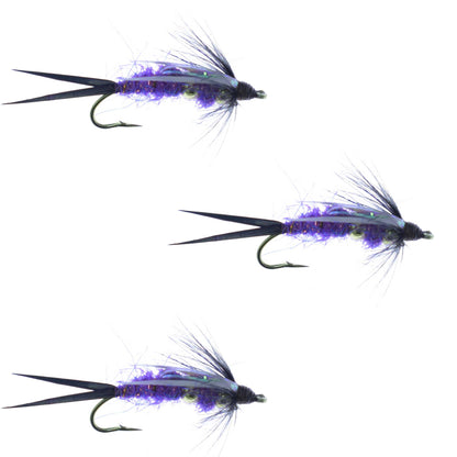 3 Pack Double Bead Purple Psycho Prince Nymph Fly - Size 10
