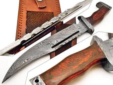 Rambo Knife - Custom Handmade Damascus Steel Bowie with Rosewood Handle and Leather Sheath