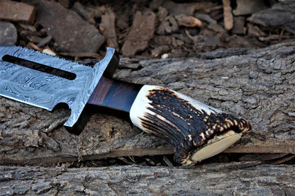 Rambo Knife for Sale - Custom Handmade Damascus Bowie with Rose Wood & Antler Horn
