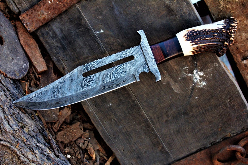 Rambo Knife for Sale - Custom Handmade Damascus Bowie with Rose Wood & Antler Horn