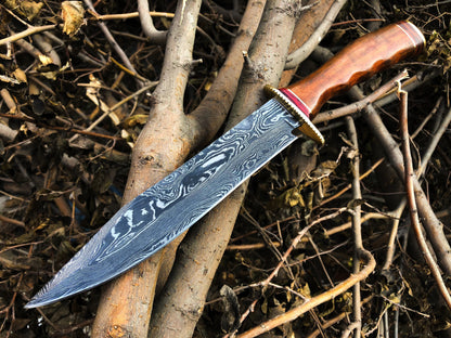 Real Bowie Knife for Sale – Custom Handmade Damascus Steel Blade with Walnut Wood Handle, Brass Guard & Leather Sheath | 14-Inch Hunting Knife – KBS Knives