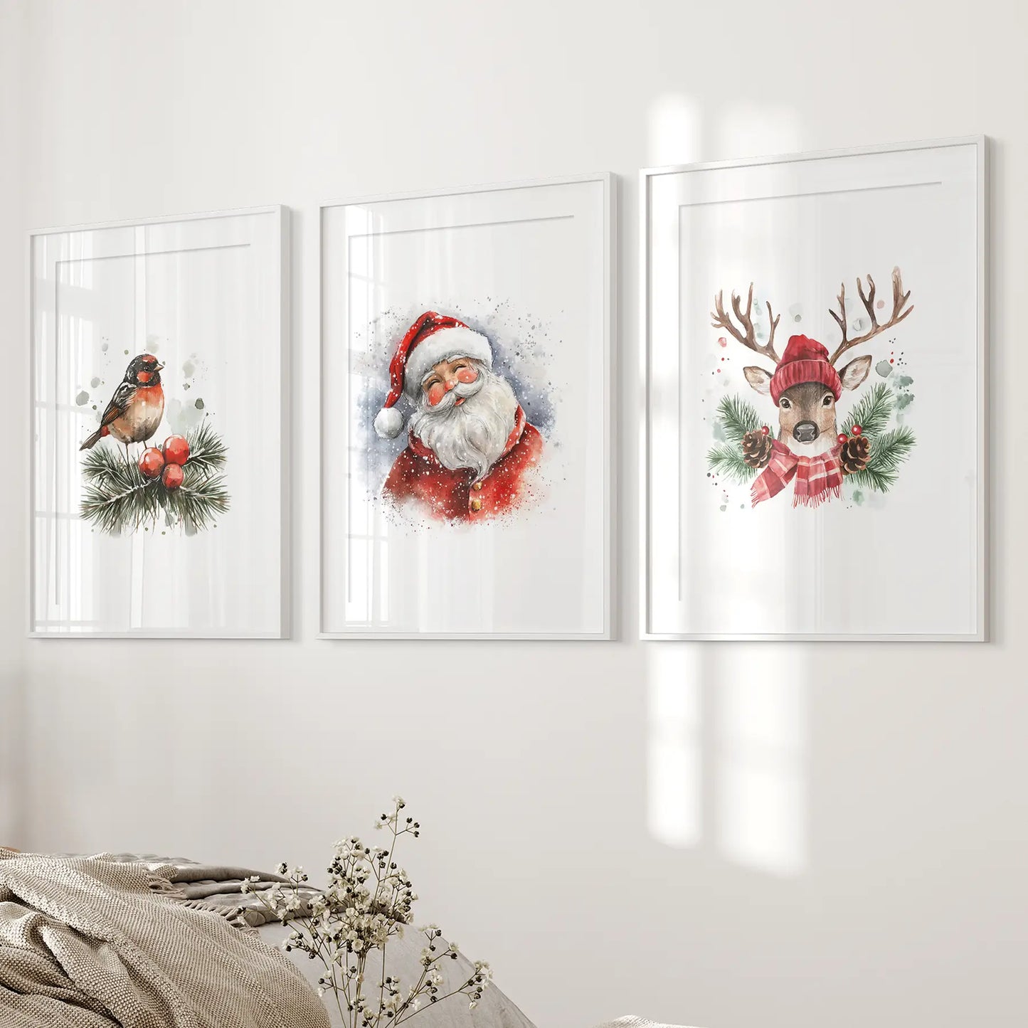 Christmas Print Set of 3: Santa, Reindeer, Holiday Wall Art