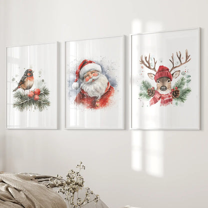 Christmas Print Set of 3: Santa, Reindeer, Holiday Wall Art