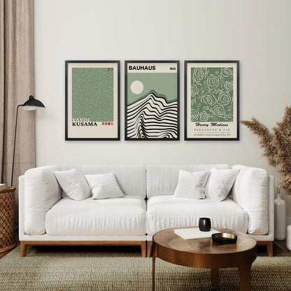 Sage Green Exhibition Art Set of 3 Prints. Bauhaus, Kusama, Matisse