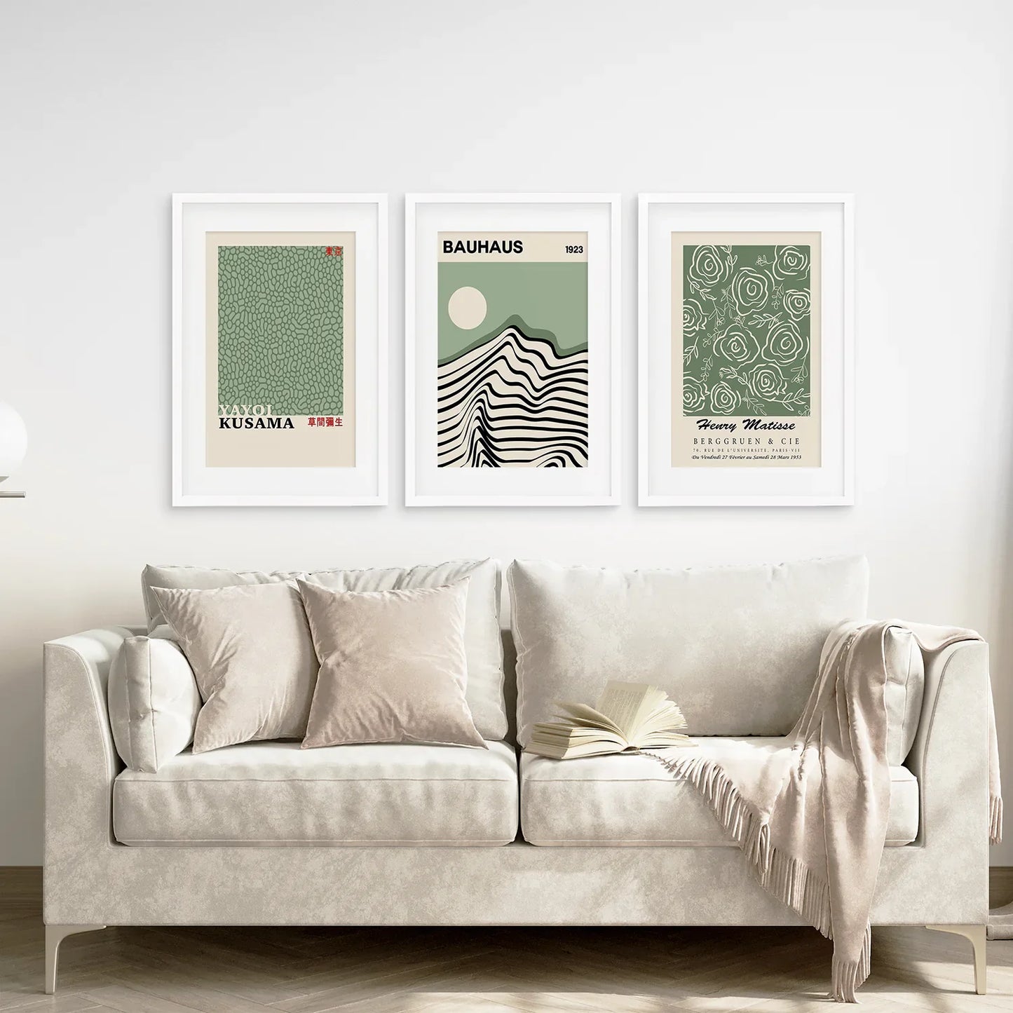 Sage Green Exhibition Art Set of 3 Prints. Bauhaus, Kusama, Matisse