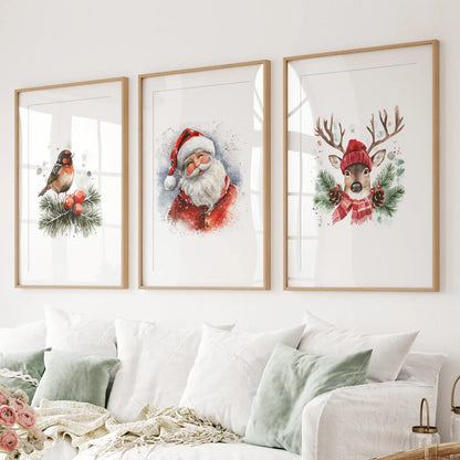 Christmas Print Set of 3: Santa, Reindeer, Holiday Wall Art