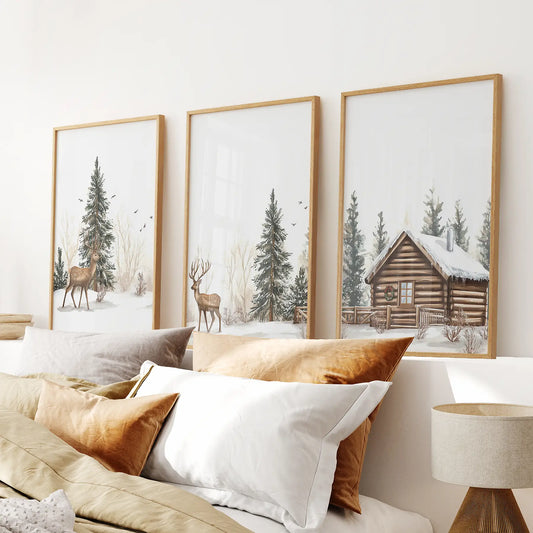 Deer and Cabin Winter 3 Piece Wall Art. Rustic Nordic Prints