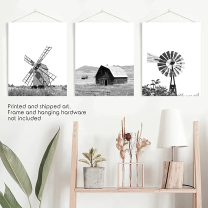 Black White Set of 3 Farm Style Prints. Windmill, Barn, Vane