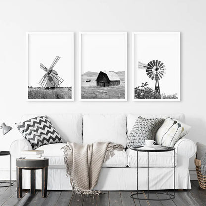 Black White Set of 3 Farm Style Prints. Windmill, Barn, Vane