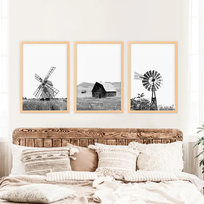 Black White Set of 3 Farm Style Prints. Windmill, Barn, Vane
