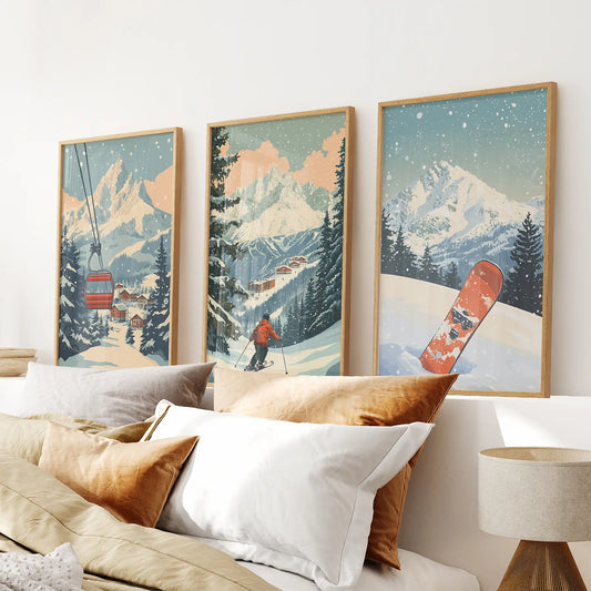 Vintage Ski Poster Set of 3. Snowboard, Skier & Ski Lift Wall Art
