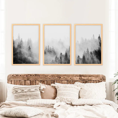 Black White Misty Forest Wall Art Set of 3