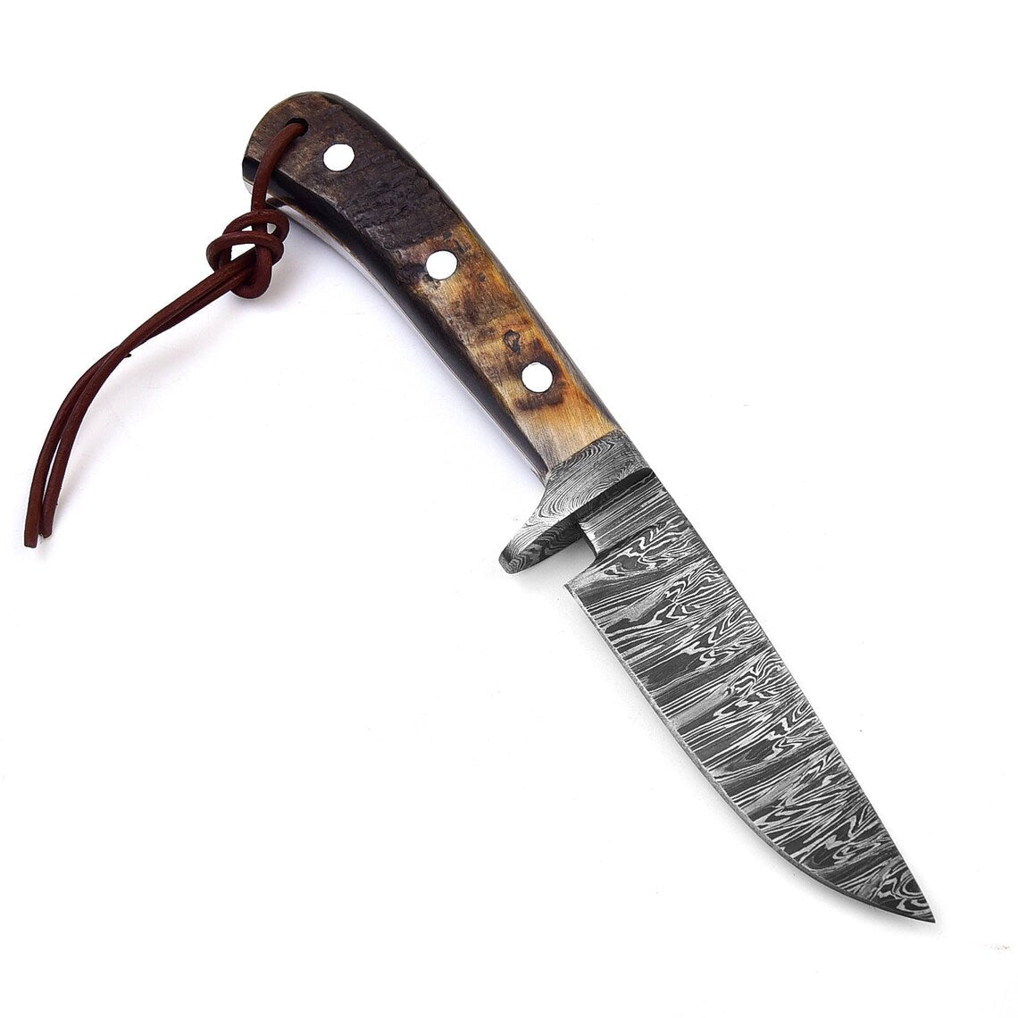 Custom Handmade Hunting Knife with Fire Pattern Damascus Steel Blade and Sheep Horn Handle, 8.25-Inch Overall Length with Leather Sheath