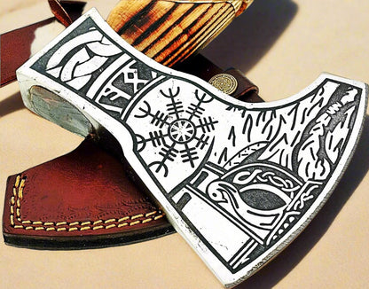 Norse Axe with Custom Handmade Forged 1095 Steel Blade and Hand Engraved Ash Wood Handle – Odin’s Edge