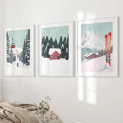 Ski Lifts, Cozy Cabin, and Snowy Peaks Wall Art