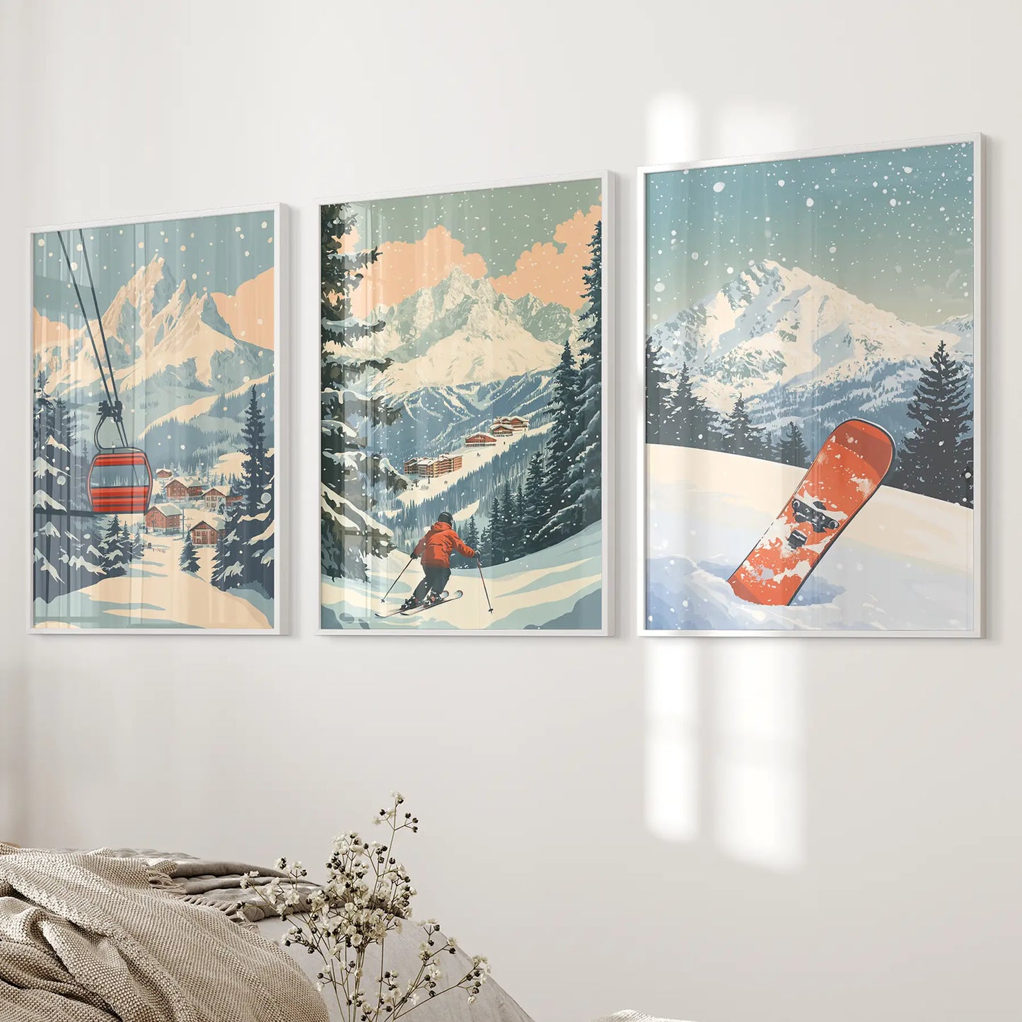 Vintage Ski Poster Set of 3. Snowboard, Skier & Ski Lift Wall Art