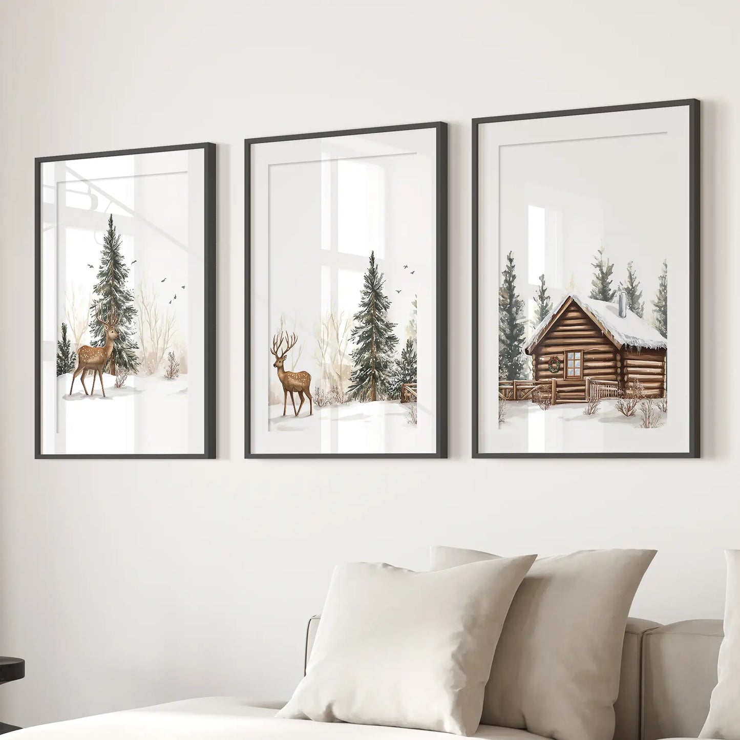 Deer and Cabin Winter 3 Piece Wall Art. Rustic Nordic Prints