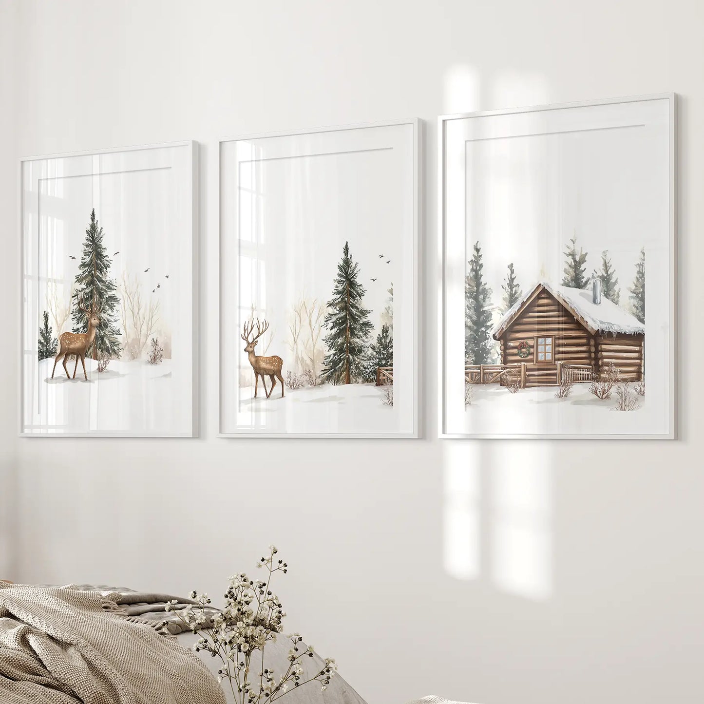 Deer and Cabin Winter 3 Piece Wall Art. Rustic Nordic Prints