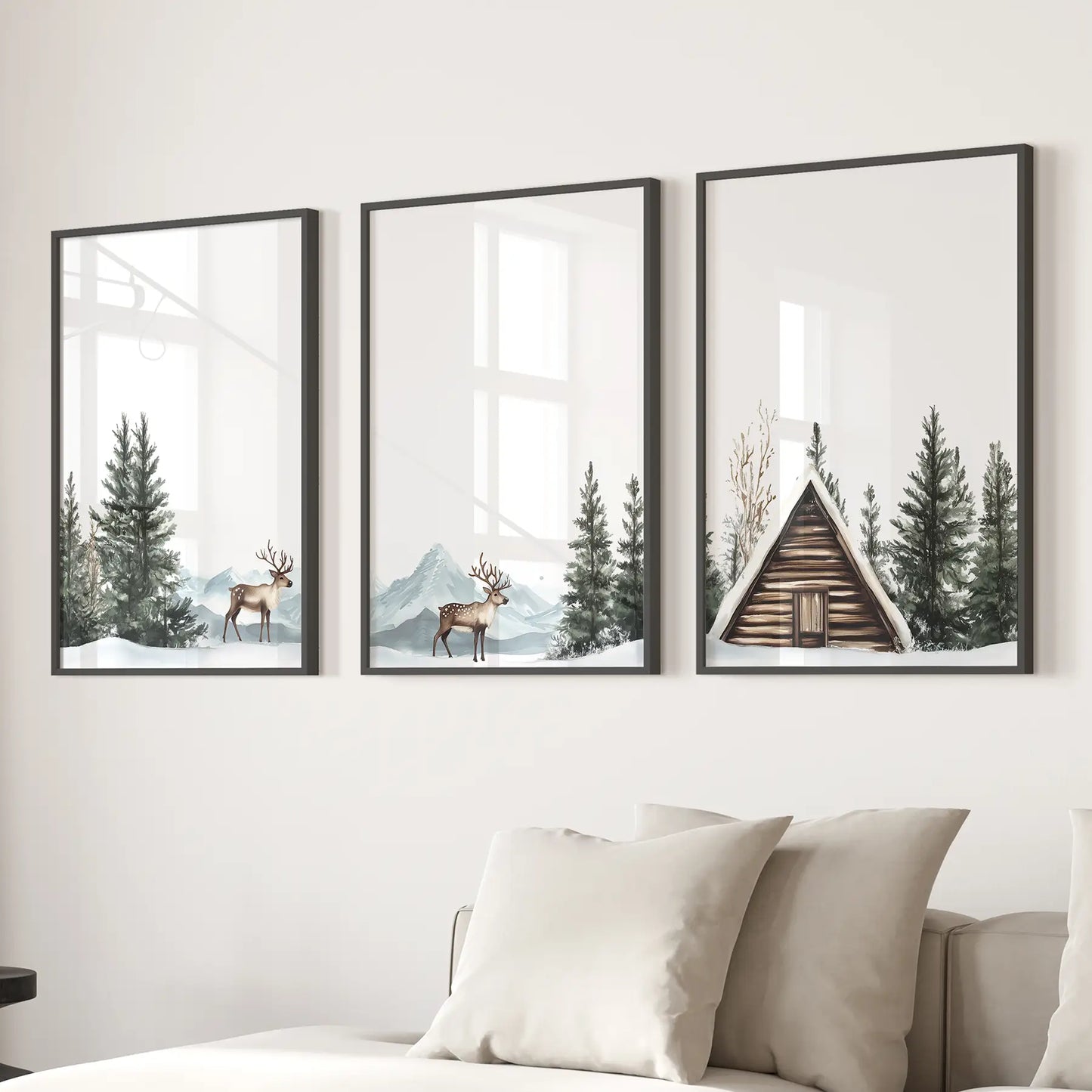 Rustic Cabin, Snowy Forest Prints. 3 Piece Winter Wall Art