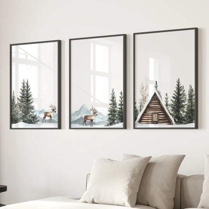 Rustic Cabin, Snowy Forest Prints. 3 Piece Winter Wall Art