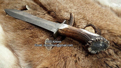 Double Edge Hunter Big Bowie Knife - Custom Handcrafted Damascus Steel Blade, Stag Horn Crown Handle with Damascus Guard, 17.5" Overall Length | Leather Sheath | KBS Knives
