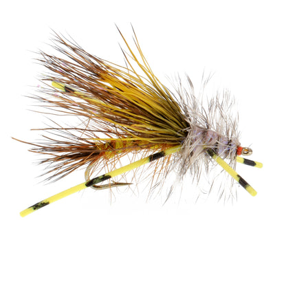 Kaufmann's Yellow Crystal Stimulator Rubber Legs Dry Fly - 1 Dozen Flies Hook Size 8