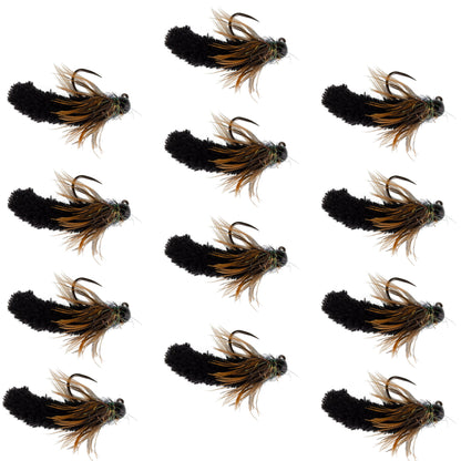 Tungsten Bead Black Mop Fly Tactical Jig Czech Euro Nymph Barbless Fly 12 Flies - Size 14