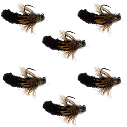 Tungsten Bead Black Mop Fly Tactical Jig Czech Euro Nymph Barbless Fly 6 Flies - Size 14