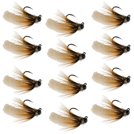Tungsten Bead Cream Mop Fly Tactical Jig Czech Euro Nymph Barbless - 12 Flies Size 14
