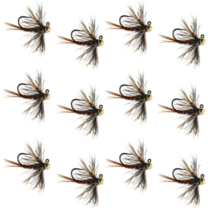 Tungsten Bead Soft Hackle Pheasant Tail Tactical Jig Czech Nymph Euro Nymphing Fly - 1 Dozen Flies Size 14