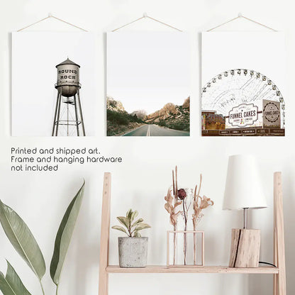 Texas Travel Set of 3 Prints. Water Tower, Ferris Wheel, Road
