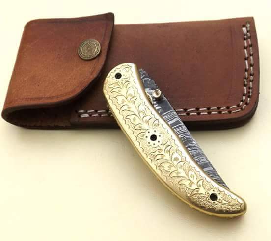 Everyday Carry Hand Engraved Damascus Steel Folding Pocket Knife with Brass Handle – The Artisan