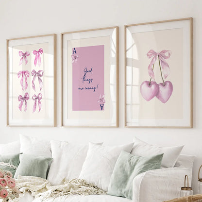 Trendy Pink Bows Wall Art Girly Print Decor Set