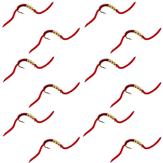 San Juan Triple Tungsten Bead Power Worm  Red V-Rib - 12 Flies Size 6