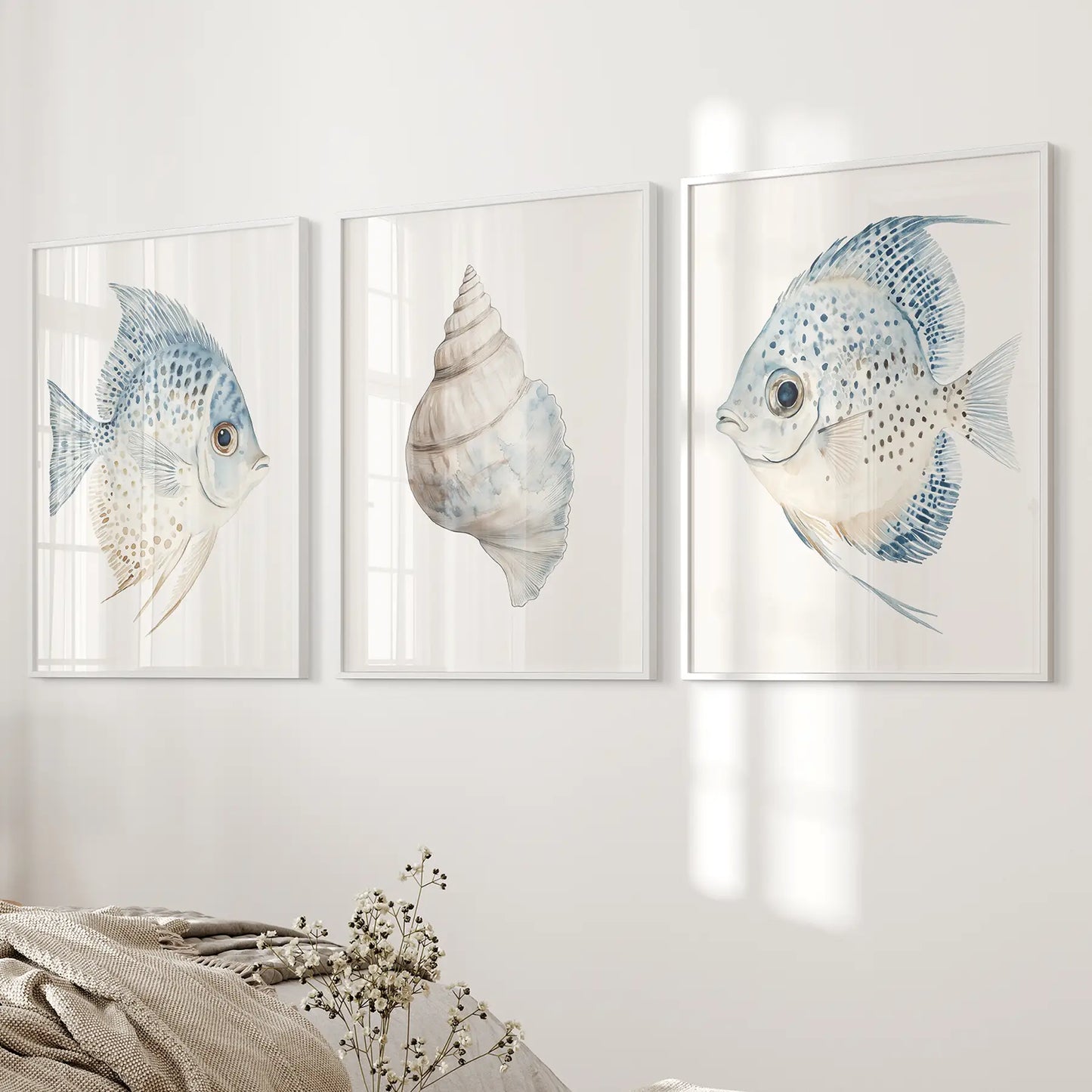 Trendy Nautical Wall Art Set of 3. Seashell and Fishes Posters